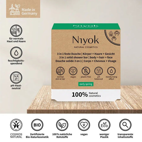Niyok 3 in 1 feste Dusche | Körper + Haare + Gesicht - Early spring Bio 80g