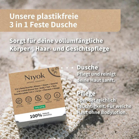 Niyok 3 in 1 feste Dusche | Körper + Haare + Gesicht - Early spring Bio 80g