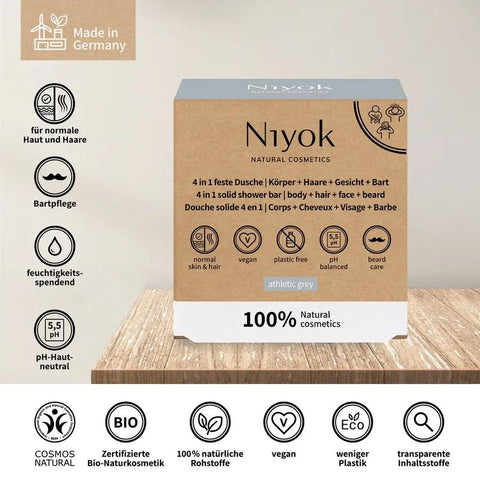 Niyok 4-in-1 Feste Dusche Bio – Körper, Haare, Gesicht & Bart, 80g