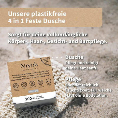 Niyok 4-in-1 Feste Dusche Bio – Körper, Haare, Gesicht & Bart, 80g
