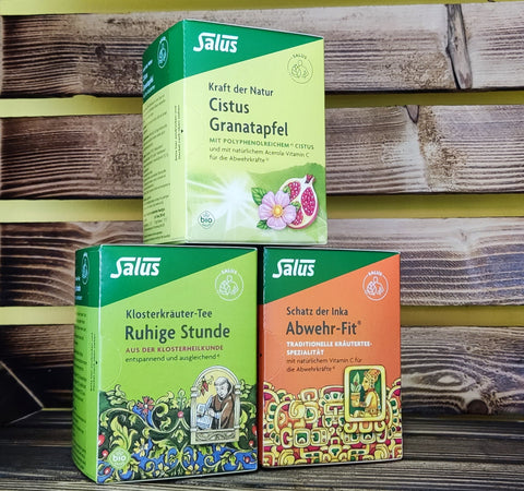 Salus Teeauswahl 3 St.: Ruhige Stunde 27 g Bio, Cistus Granatapfel 30g Bio und Abwehrfit 30g Bio (je 15 Filterbeutel, gesamt 87g)