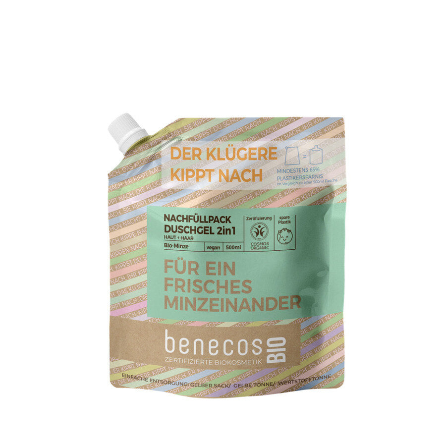 benecosBio Nachfüllbeutel - FÜR EIN FRISCHES MINZEINANDER Duschgel 2in1 Bio Minze Haut und Haar 500ml