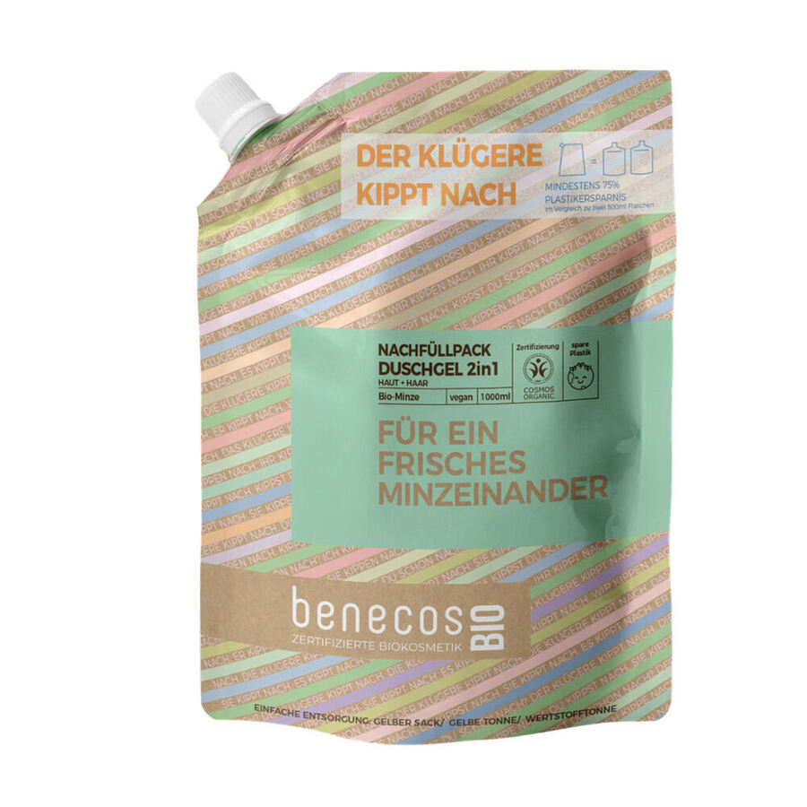 benecosBio Nachfüllbeutel - FÜR EIN FRISCHES MINZEINANDER Duschgel 2in1 Bio Minze Haut und Haar 1L