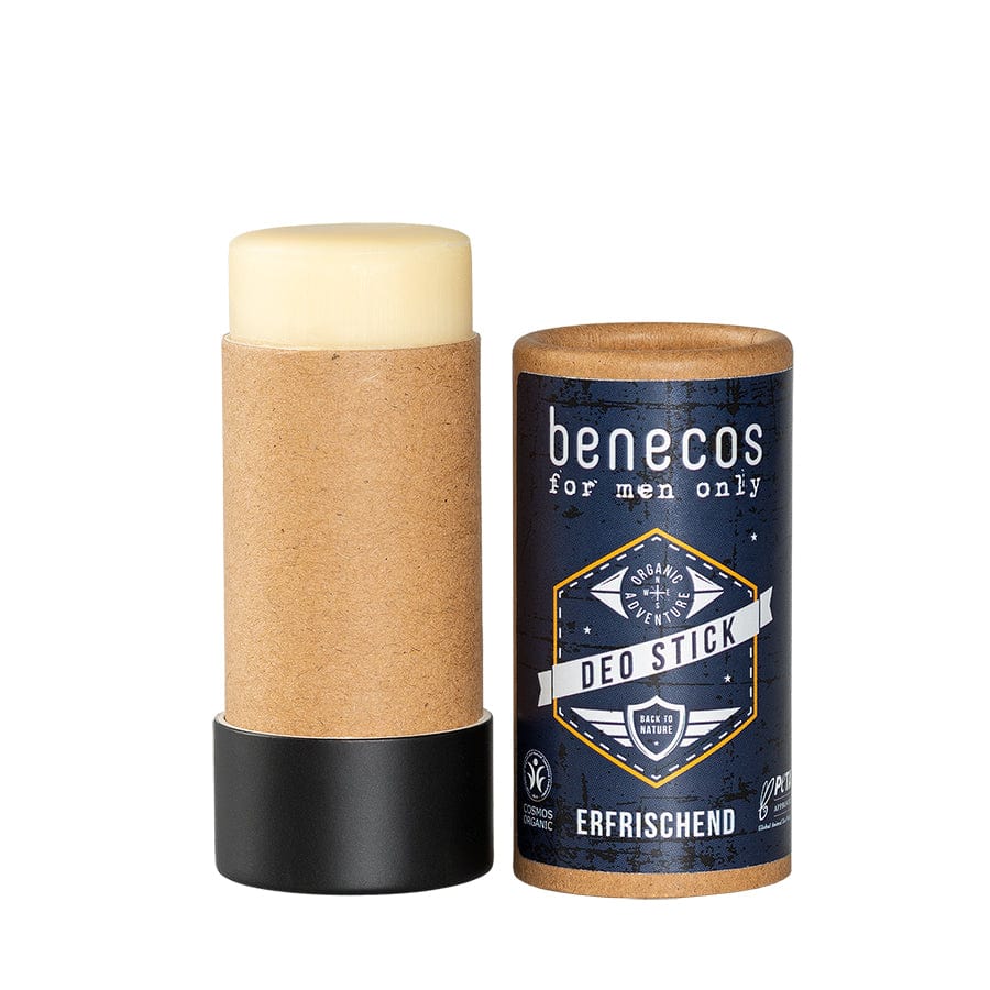 benecos MEN ONLY Deo Stick Erfrischend Bio-Lavendelöl 40g - Schwarze Verpackung mit blau-weißem Design.