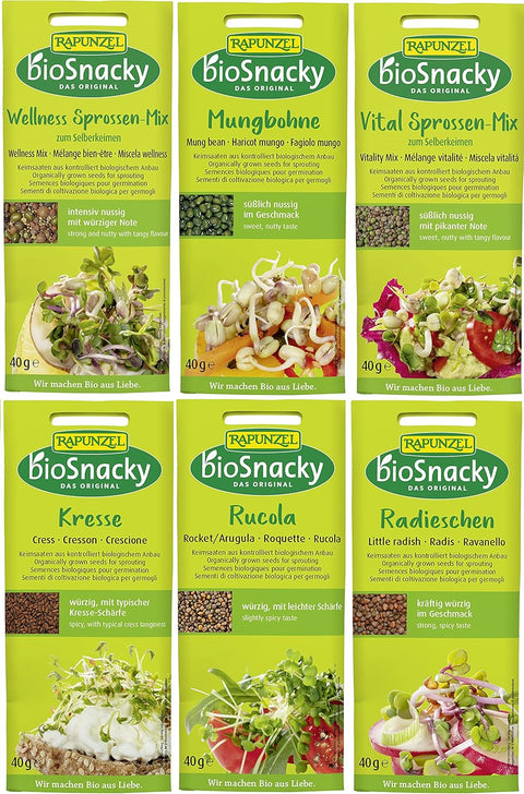 Rapunzel Sprossen bioSnacky-Mix | Bio-Keimsprossen zum Selberkeimen | 6 Sorten je 40g (gesamt 240g)