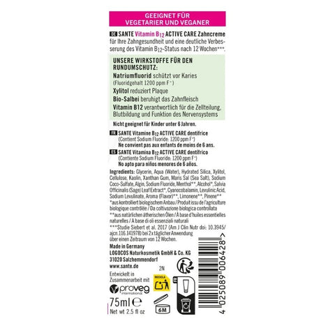 Sante Naturkosmetik Active Care B12 Boost Zahncreme B12 Bio 75ml