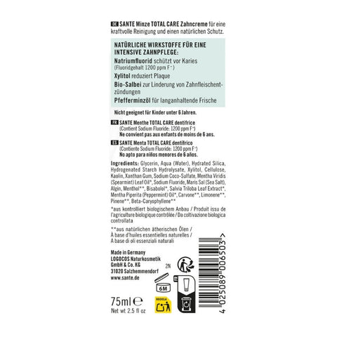 Sante Naturkosmetik Total Care Toothpaste Mint Organic 75ml