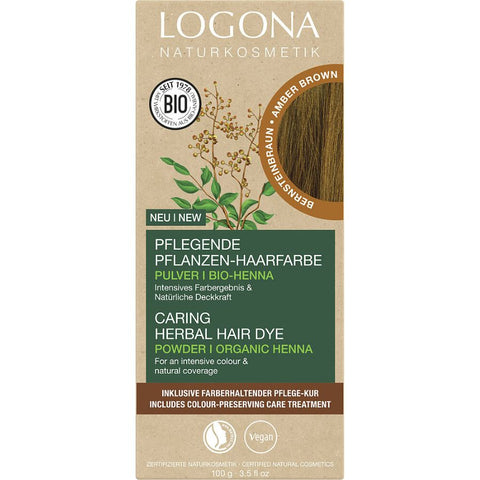 Logona Nourishing Plant Hair Color Powder Amber Brown Organic, 100g
