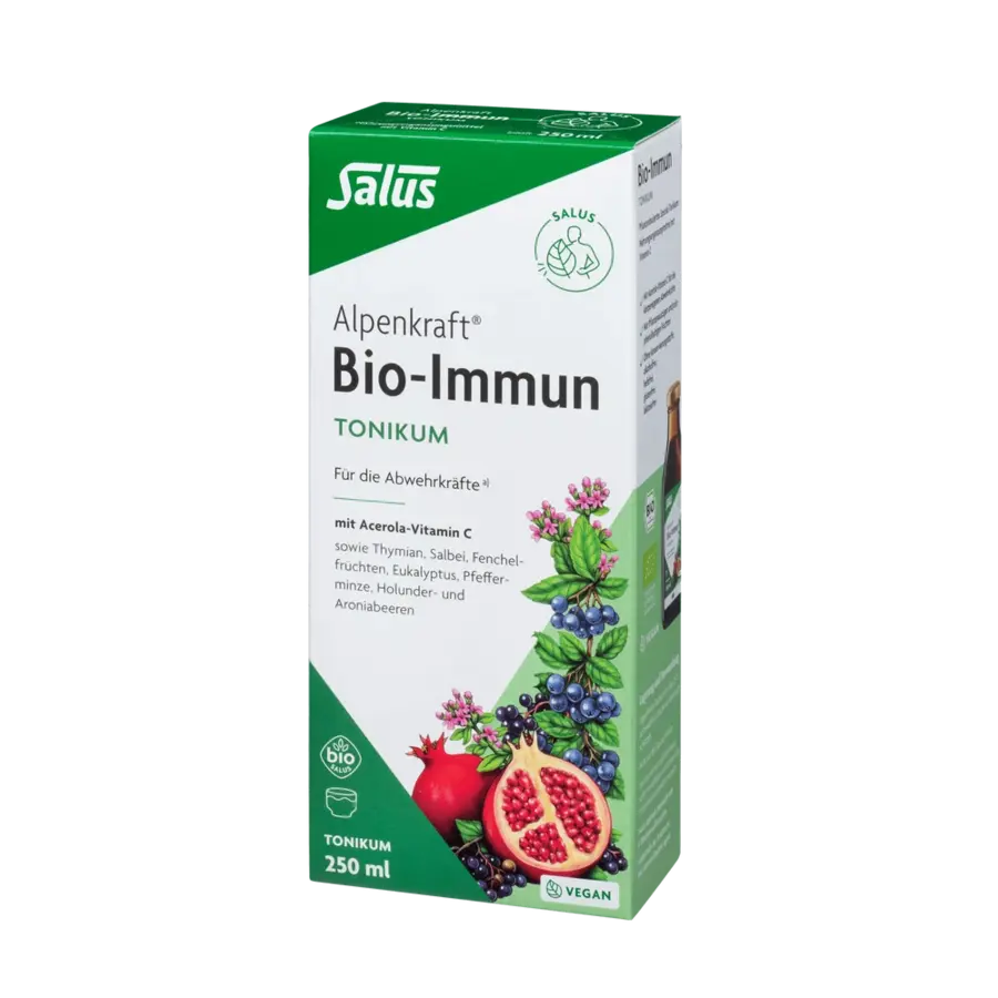 Verpackung des Salus Alpenkraft Bio-Immun-Tonikums 250ml mit Vitamin C aus Bio-Acerolakirsche